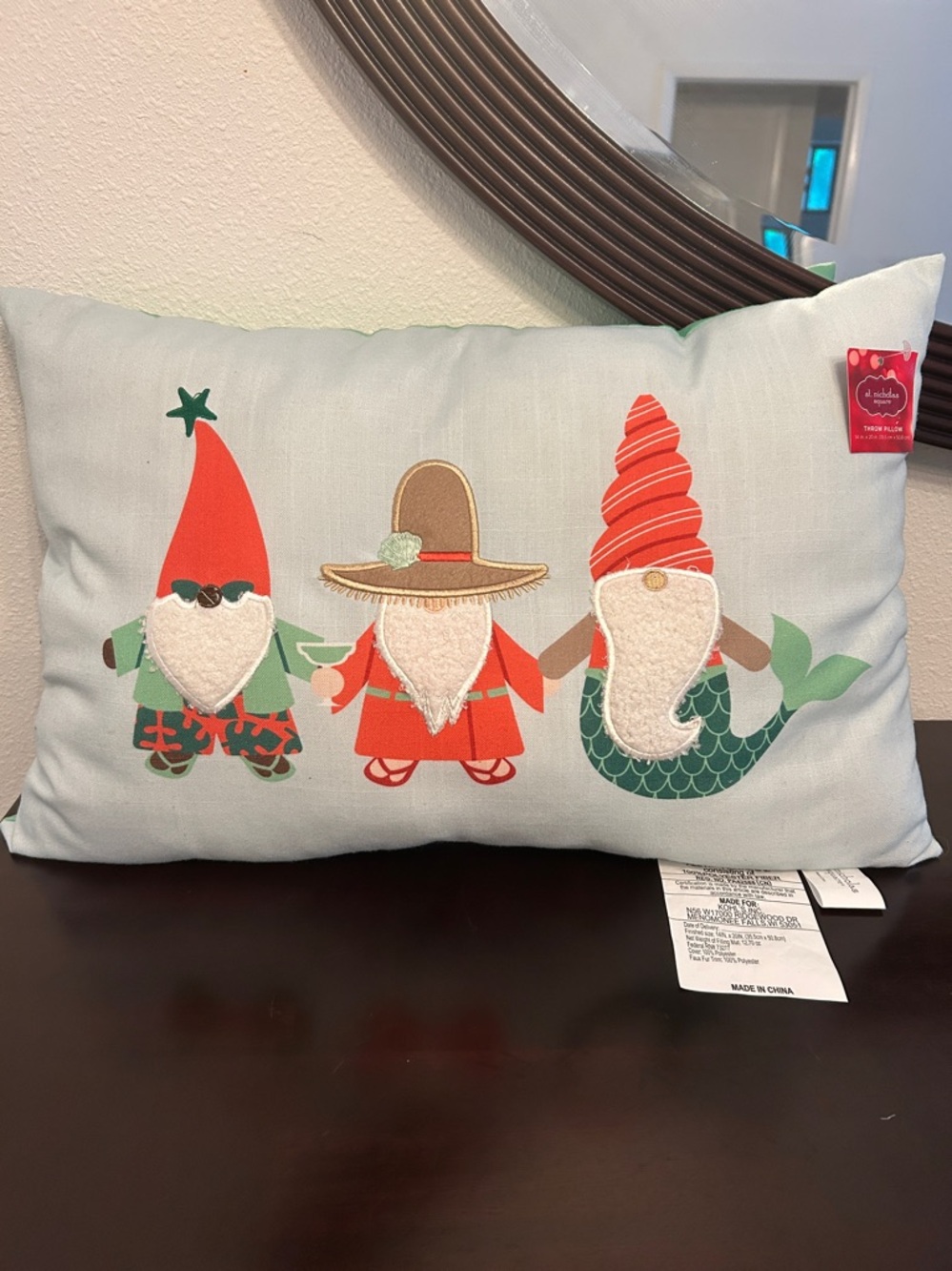 NWT St. Nicholas Aqua Beach Gnome Throw Pillow